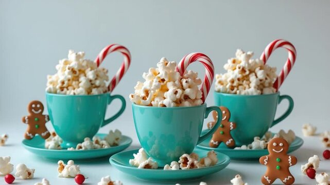 Festive turquoise cups overflowing with popcorn and striped candy canes, decorated with gingerbread men and scattered red berries on a white background, creating a cheerful holiday vibe.