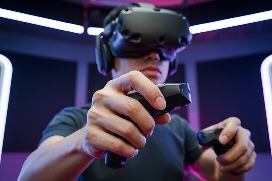 Man playing immersive vr game with controllers