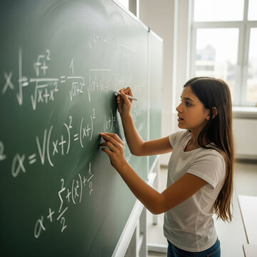 Bambina giovane che scrive formule matematiche alla lavagna, geniale