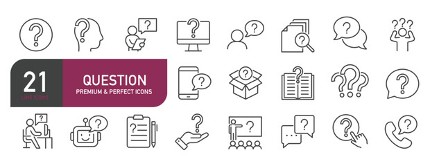 Set of line icons related to question, help, ask. Outline icons collection. Editable stroke. Vector illustration
