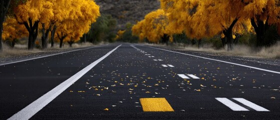 Autumn road lined with golden trees