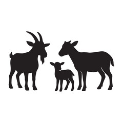 Goat Silhouette Family: A family of goat silhouettes stands, featuring a male goat with prominent horns, a female goat and an adorable goat kid.