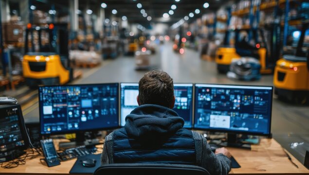 A warehouse worker monitors multiple screens to oversee logistics and operations in a busy industrial facility.