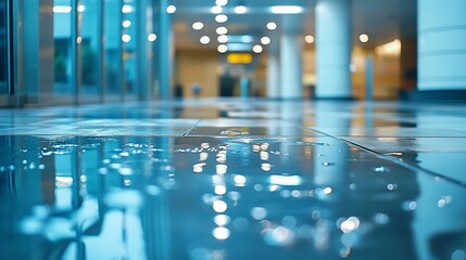 Reflections on a wet floor creating a dreamy and serene indoor atmosphere