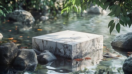Obraz premium Marble Podium in Water with Rocks and Leaves Reflecting, Serene Outdoor Setting