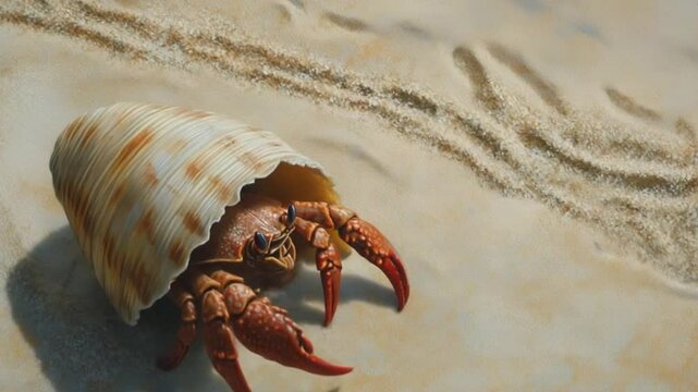 A hermit crab emerging from its shell on a sandy beach, with subtle footprints leading away in the background
