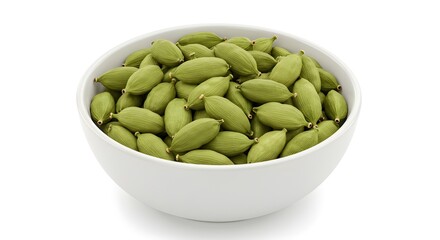 Green Cardamom Pods in White Bowl on Clean White Background AI Generated Image