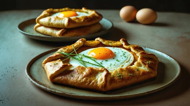 Rustic galettes with golden eggs and fresh chives on round plates, accompanied by uncracked eggs in the background, creating a warm and inviting breakfast scene.