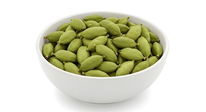 Green Cardamom Pods in White Bowl on Clean White Background AI Generated Image