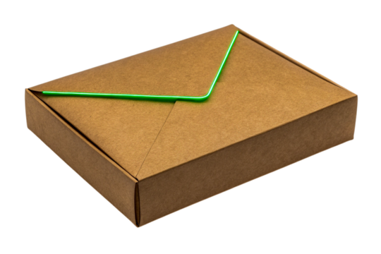 Brown Cardboard Box with Green Neon Light Modern Packaging Design on transparent background, ai generated