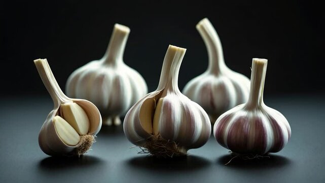 Fresh garlic heads with unique purple-striped skins displayed on a dark surface, showcasing their textured bulbs and exposed cloves for a rich, vibrant culinary appeal.