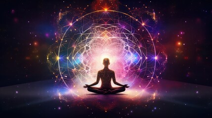 Woman meditating in a yoga lotus pose silhouette, embodying relaxation, health, and spiritual peace