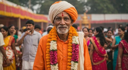 Fototapeta premium Elderly Man in Traditional Indian Attire - A portrait of a senior man, adorned in vibrant orange clothing and a flower garland, standing amidst a bustling crowd