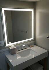 Fototapeta premium Modern bathroom vanity with a sleek, illuminated mirror.