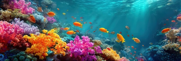 A vibrant underwater coral reef teeming with colorful fish and illuminated by sunlight streaming through the clear blue water.