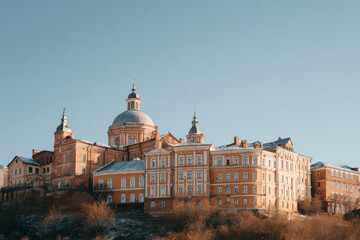 stunning view of unique historical buildings in nizhny novgorod set against clear blue sky