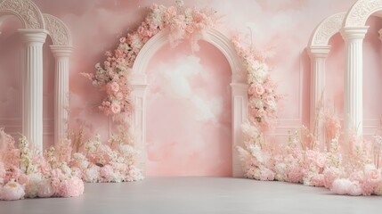 A wedding backdrop with flower arch in pink and white. 6