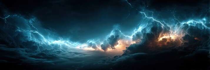 Dramatic lightning illuminates dark storm clouds in a turbulent night sky.