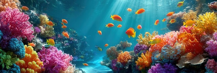 A vibrant underwater scene with colorful coral reefs and tropical fish illuminated by sunlight rays.