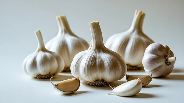 Freshly harvested garlic bulbs and cloves displayed artistically, showcasing their varying sizes and shapes, against a soft neutral background, highlighting their textural details.