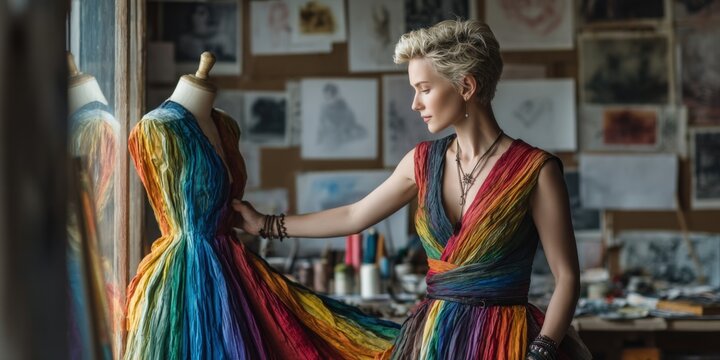 Embracing Rainbow Creativity: Fashion Designer Crafting LGBTQ Pride Dress on Mannequin in Artistic Studio Setting