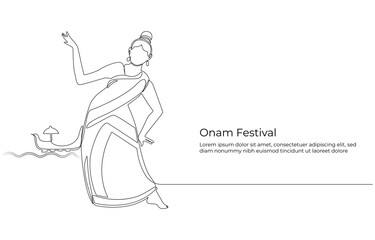Onam Festival Celebration A Line Art Depiction of Dance and Culture, Single-Line Drawing of Jar, Bananas, Happy Onam Festival Bell Decorations, Traditional Clay Pot with Food 