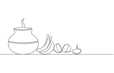Onam Festival Celebration A Line Art Depiction of Dance and Culture, Single-Line Drawing of Jar, Bananas, Happy Onam Festival Bell Decorations, Traditional Clay Pot with Food 