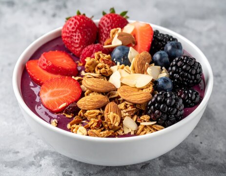 A healthy bowl of muesli with fresh berries and fruits, perfect for a sweet breakfast or snack