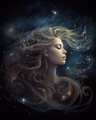 Windblown blonde hair frames a beautiful woman's face, highlighting her glamorous makeup and sensual smile