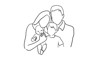 Continuous line happy family with 2 children on white background. Parents with two sons. Line art drawing. Vector illustration	