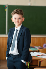 Portrait of a schoolboy, first grader standing in the classroom and looking at the camera. Education. The new generation. Back to school concept