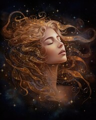 Windblown blonde hair frames a beautiful woman's face, highlighting her glamorous makeup and sensual smile