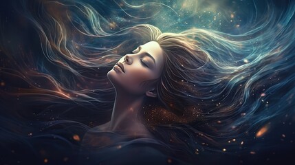 Windblown blonde hair frames a beautiful woman's face, highlighting her glamorous makeup and sensual smile