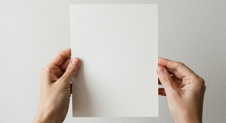 Obraz premium Hands Holding Blank White Paper - Close-up of two hands gently holding a blank white sheet of paper against a light gray background