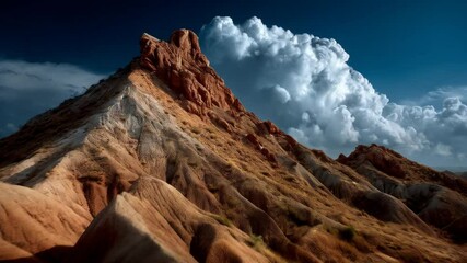 Scenic desert landscape featuring undulating hills under a dramatic dark blue sky filled with expansive cumulus clouds formation, natural beauty - Powered by Adobe