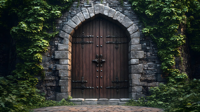 medieval castle gate with heavy wooden doors, towering stone walls, surrounded by lush greenery, inviting to step into history