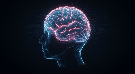 Human Brain Neural Network - Abstract of a human head with a glowing brain, representing intelligence, technology, and neural networks