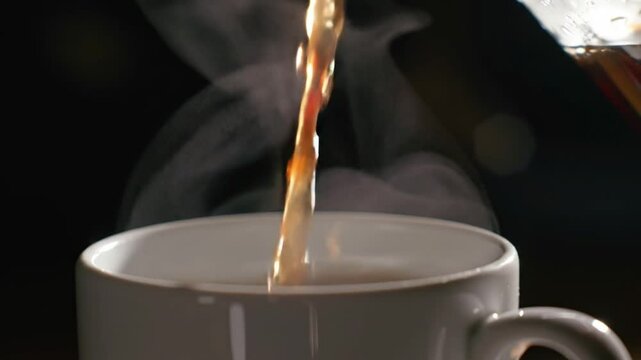 Pouring hot coffee into a white mug with steam rising against dark background