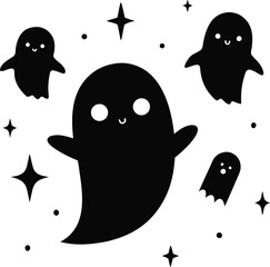 Halloween Silhouettes of Pumpkins, Ghosts, and Witches, Spooky Halloween Scene Silhouettes with Haunted House and Bats, Flying Witch, Bats, and Full Moon Silhouette