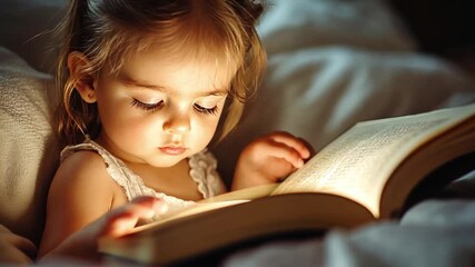 A beautiful scene of a little girl engrossed in her story. The warm light from the pages reflects her wonder. An inspiring clip showcasing the joy of reading. Generative AI