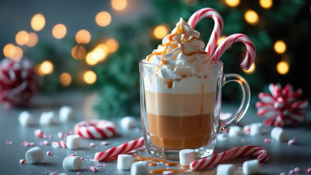 Festive glass of layered latte topped with whipped cream and caramel drizzle, surrounded by peppermint candy canes, mini marshmallows, and holiday decorations against a blurred background.