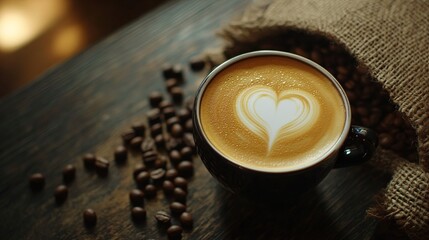 Generated image Top view of heart shape in cup or mug of coffee drink. Morning caffeine latte or cappuccino