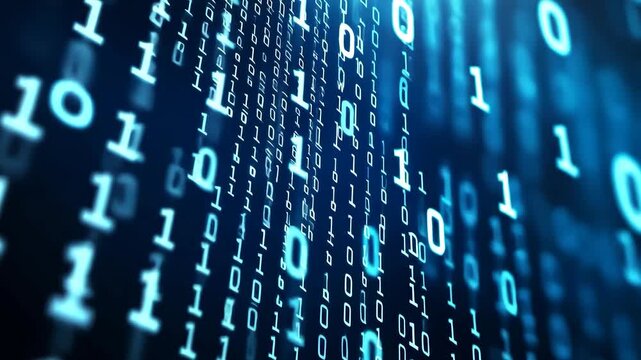 Blue binary code streams across an abstract digital display, representing data, technology, and internet communication concepts