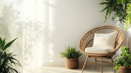 Fototapeta premium Cozy corner with plants and a comfortable chair.
