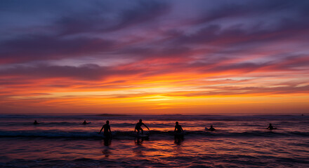 Fototapeta premium Silhouettes of Surfers Enjoying the Waves at Fiery Sunset