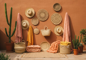 Boho wall decor ideas straw hats woven baskets cactus plants interior design home decor bohemian style