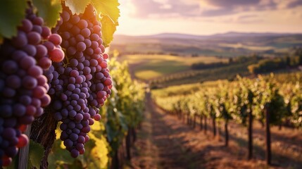 Vineyard at golden hour, heavy clusters of purple grapes hanging between wooden posts. 6