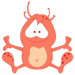 A cute pink cartoon monster with antennae and red spots, sitting with arms and legs spread, on a white background.
