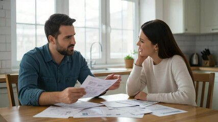 Couple discussing bills at kitchen table - Powered by Adobe