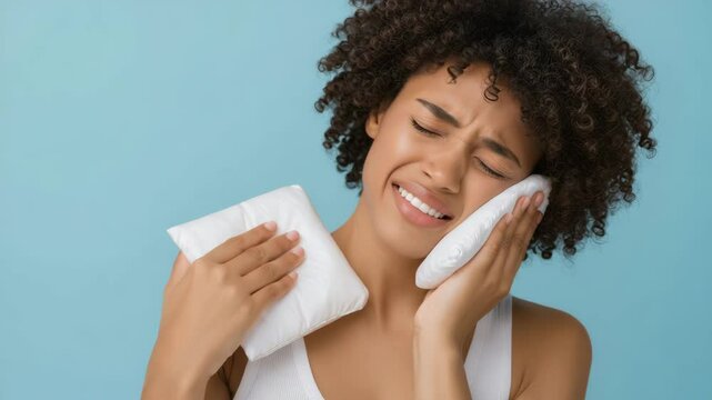 Woman applying ice pack to swollen face in pain	